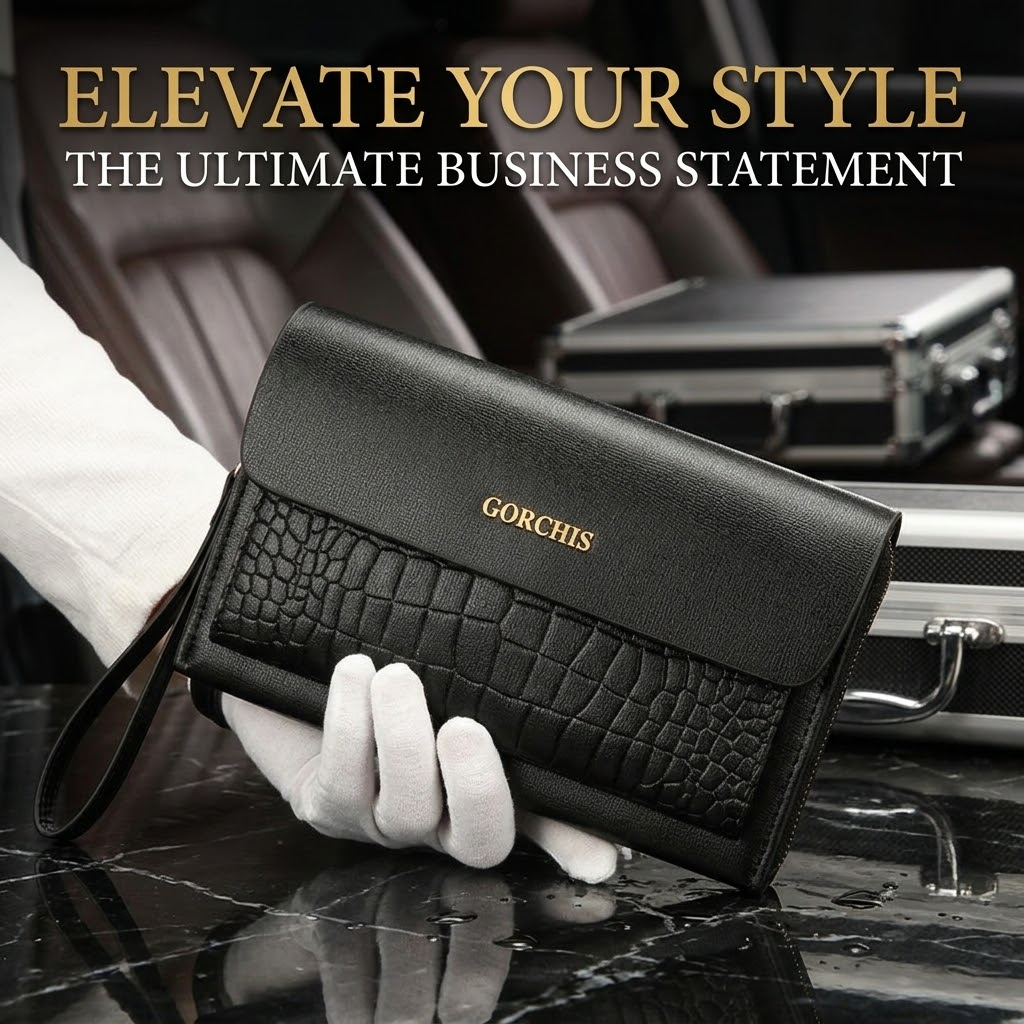 Men’s Crocodile Pattern Clutch Bag – Soft PU Leather Wallet with Multiple Card Slots