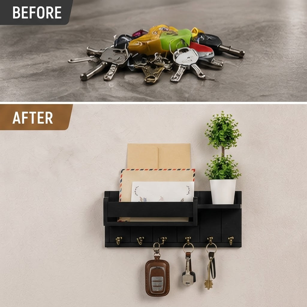 Wooden Key Rack & Mail Organizer Wall-Mounted Key Holder with 6 Hooks