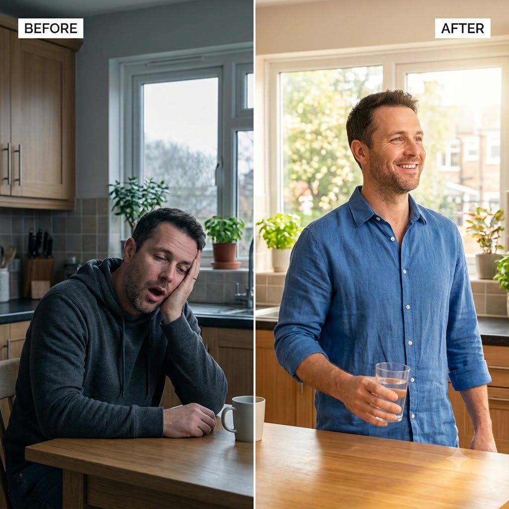 Before: low energy morning. After: the same man feeling bright and energised.