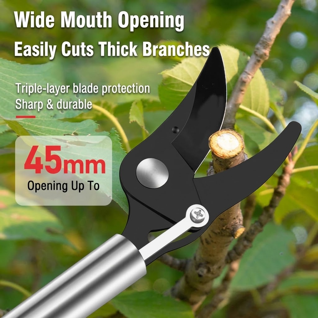 Steel Bypass Pruning Shears – Left-Handed High-Altitude Tree Cutter with Fiberglass Handle