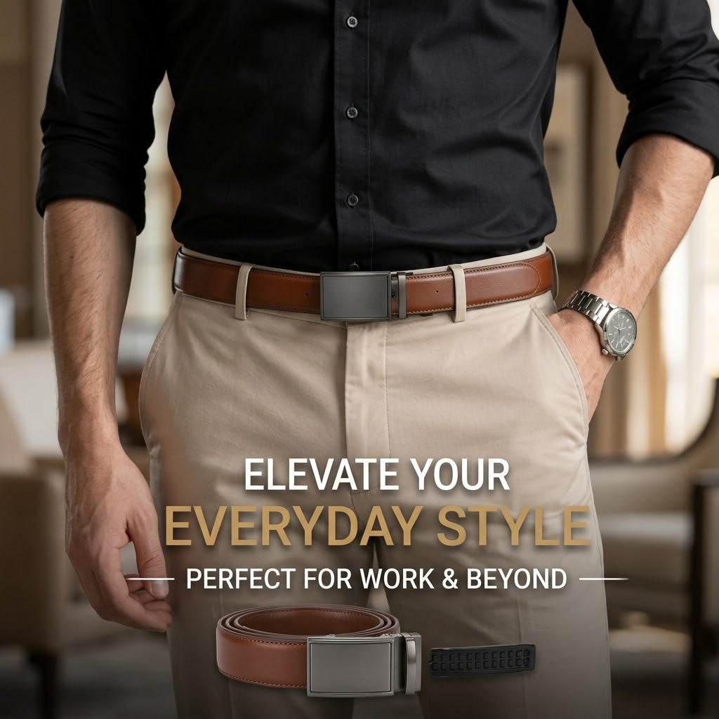 Men's Genuine Leather Ratchet Belt Automatic Buckle for Dress & Jeans