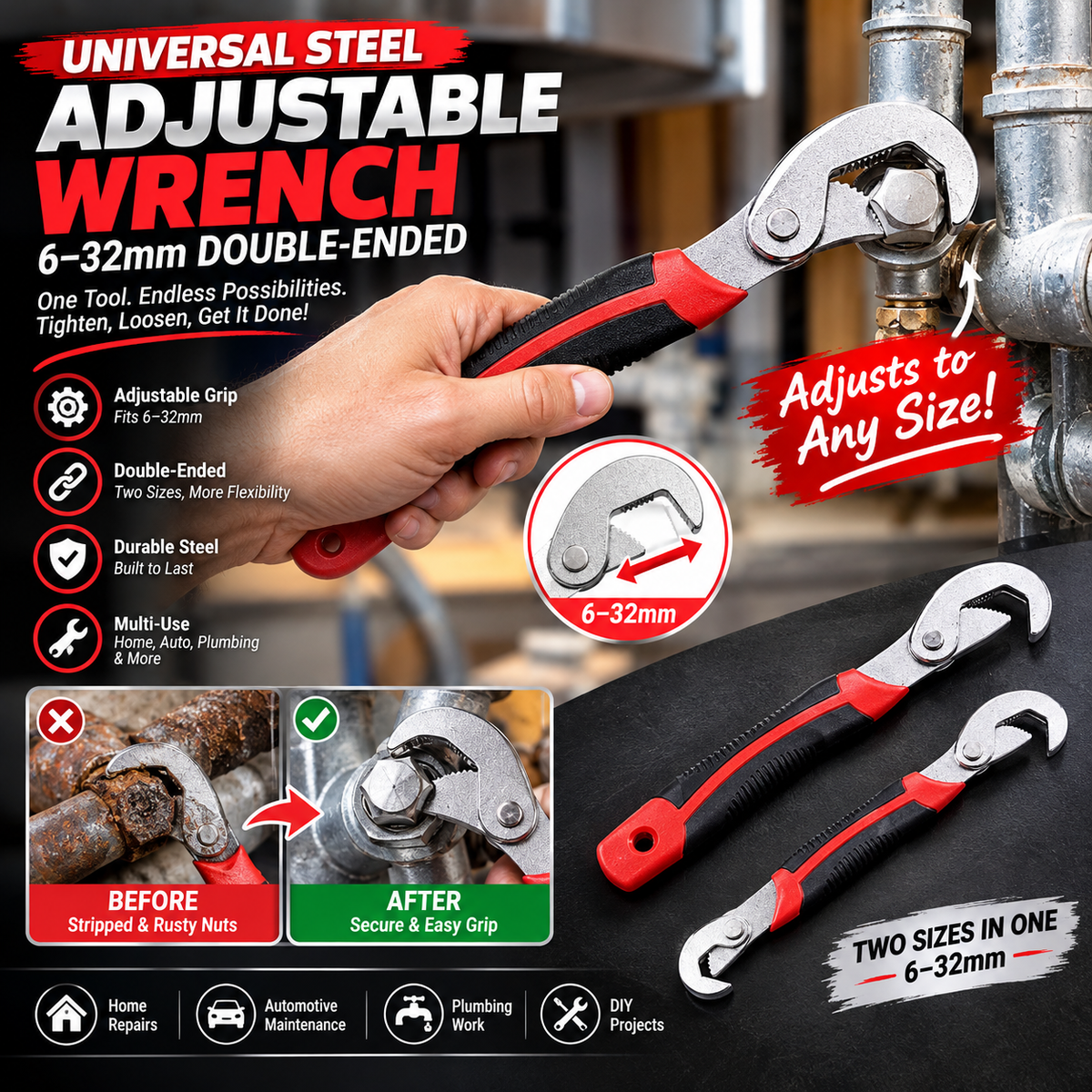 Universal Steel Adjustable Wrench – 6–32mm Double-Ended