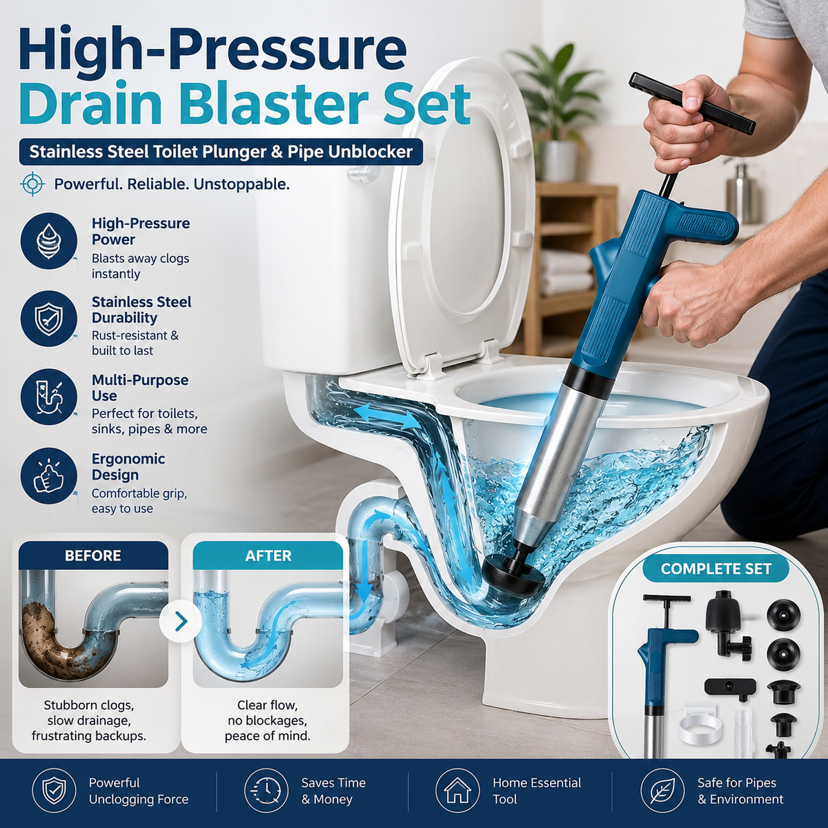 High-Pressure Drain Blaster Set Stainless Steel Toilet Plunger & Pipe Unblocker