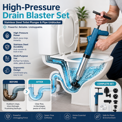High-Pressure Drain Blaster Set Stainless Steel Toilet Plunger & Pipe Unblocker