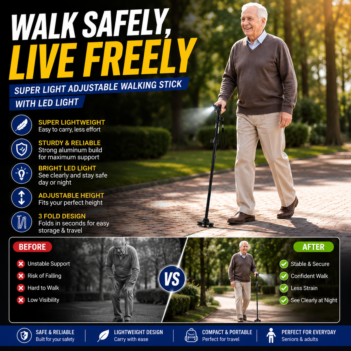 Foldable Walking Stick with LED Light