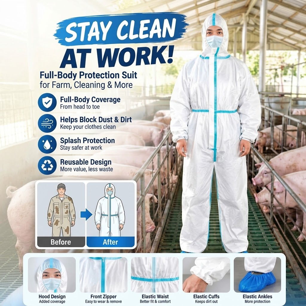 Hooded Nonwoven Protective Coverall – One-Piece Suit with Blue Stripes
