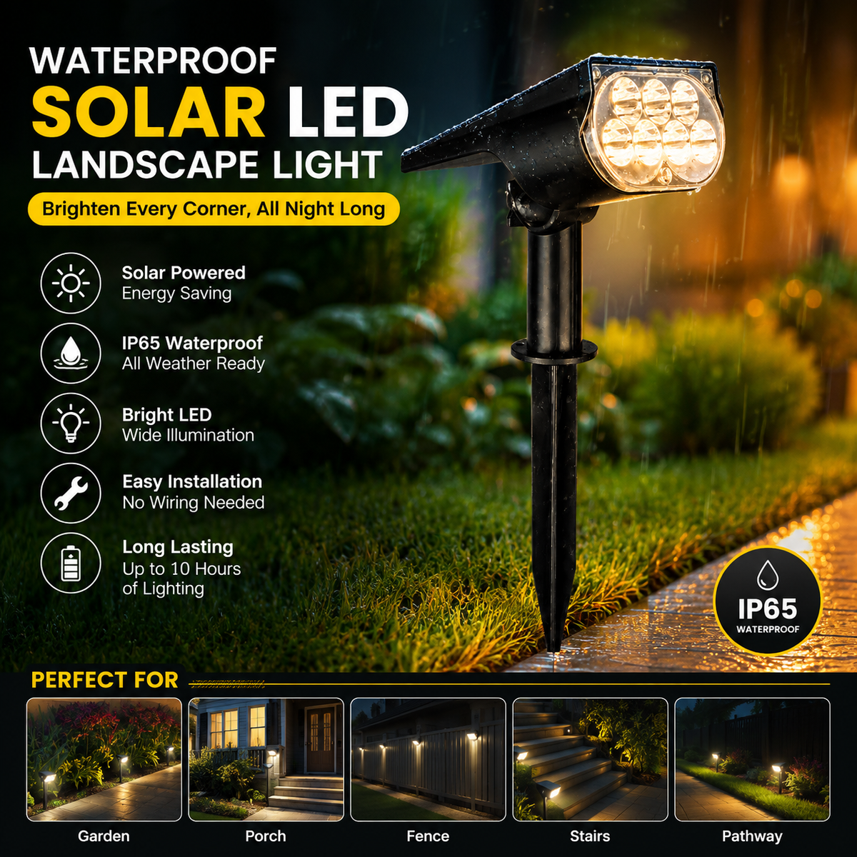 Waterproof Solar LED Landscape Light – IP65 Outdoor Garden, Porch, Fence & Stair Lighting