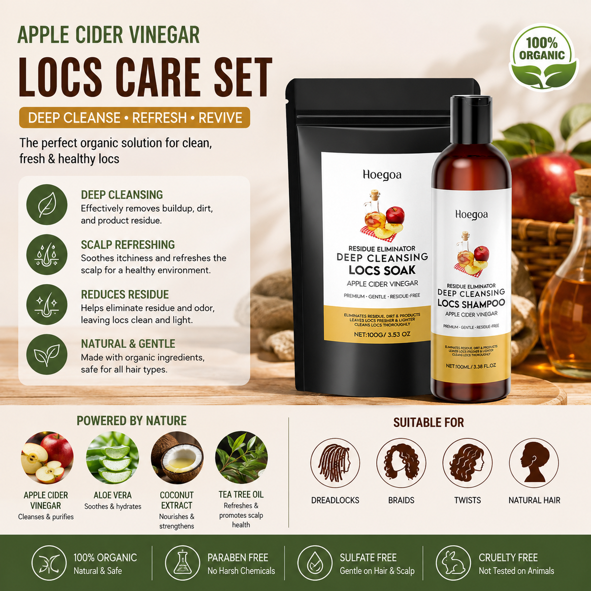 Organic Apple Cider Vinegar Hair Care Set – Dreadlock Cleaning Cream & Gentle Scalp Care for Women
