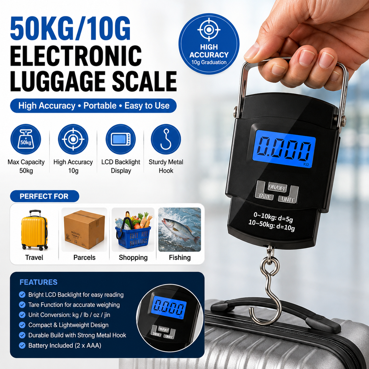 50kg – 10g High-Accuracy Electronic Weighing Scale with LCD Backlight & Metal Hook