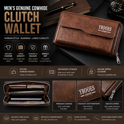 Men’s Genuine Cowhide Double-Layer Clutch Wallet – Korean Style Business Handbag