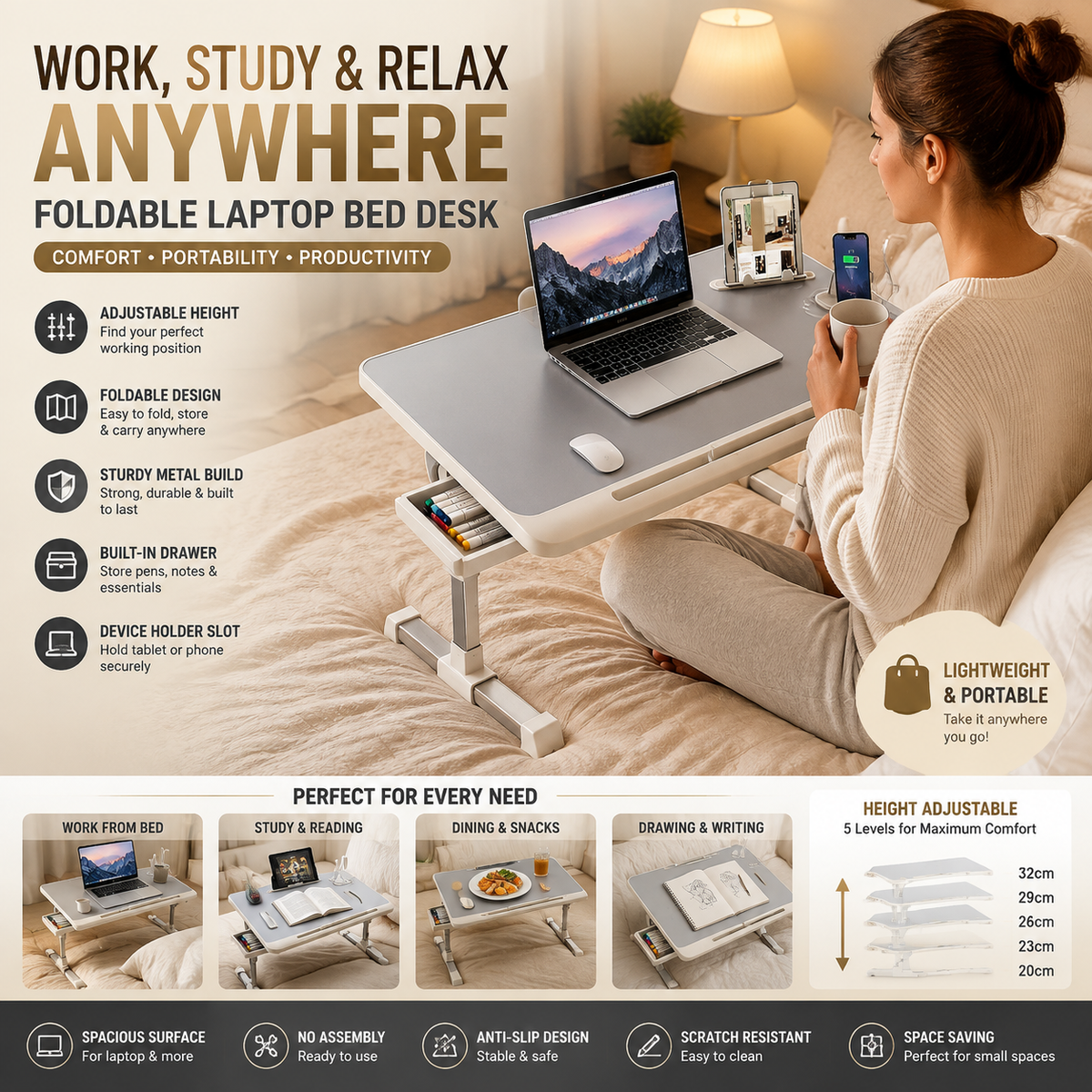 Portable Metal Laptop Bed Desk Adjustable Notebook Table