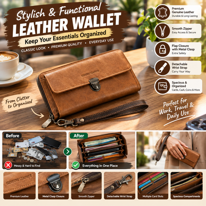 Light Brown Long Leather Wallet – Flap Closure with Zipper, Metal Clasp & Detachable Wrist Strap