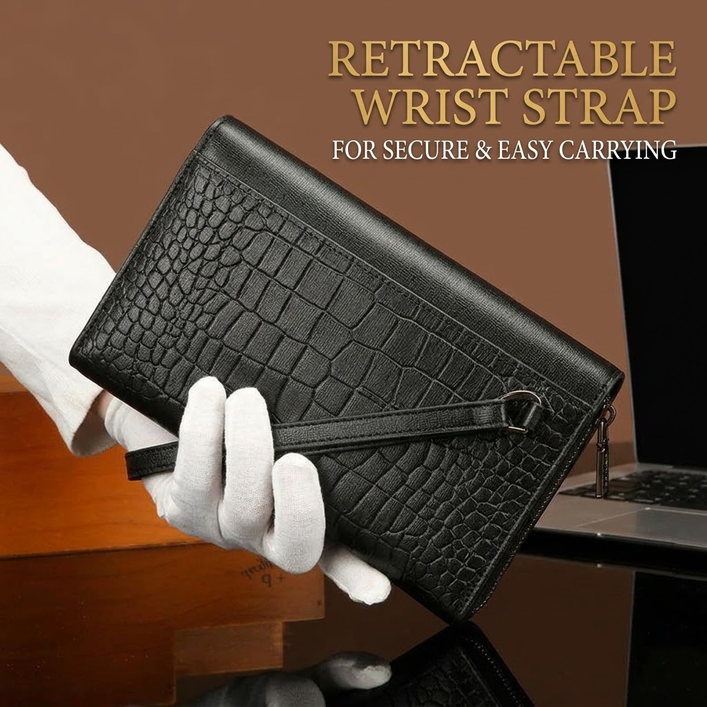 Men’s Crocodile Pattern Clutch Bag – Soft PU Leather Wallet with Multiple Card Slots