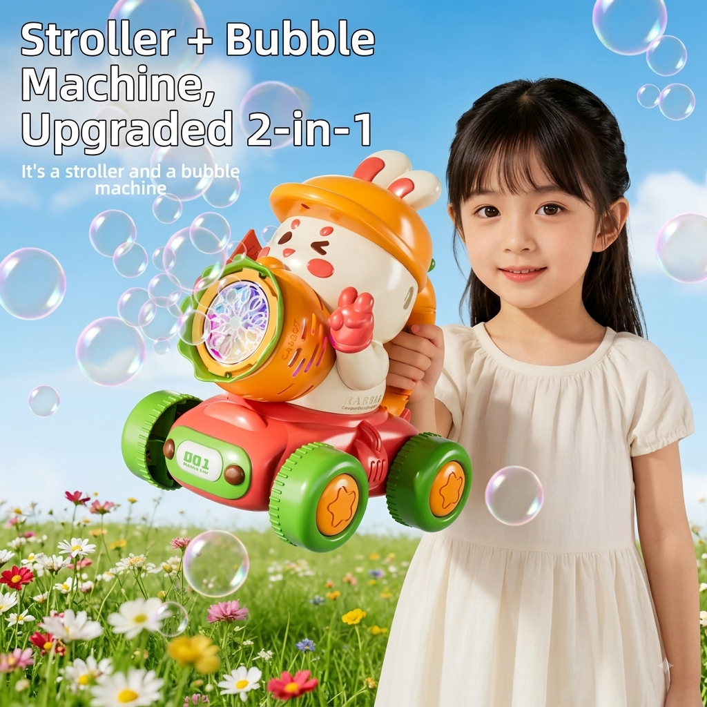 Bunny 2-in-1 Push-Go Bubble Machine – Automatic Bubble Blower Cart Toy for Toddlers