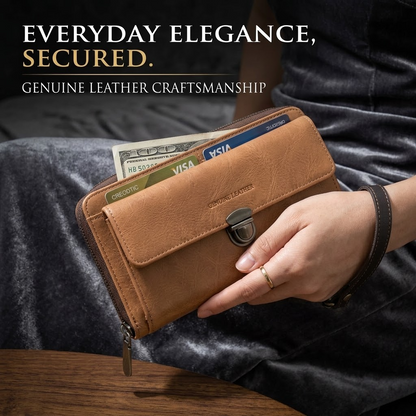 Light Brown Long Leather Wallet – Flap Closure with Zipper, Metal Clasp & Detachable Wrist Strap