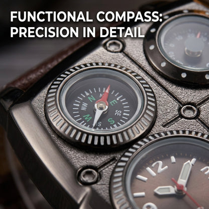 OULM 1140 Men’s Dual Time Watch – Square Dial Leather Strap Luminous Wristwatch