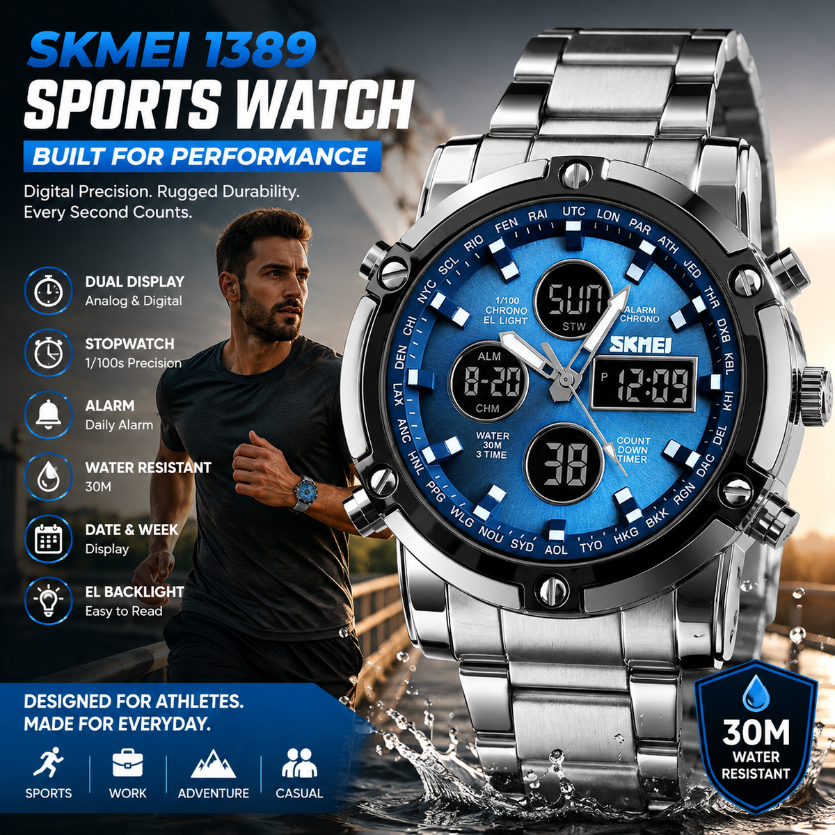 SKMEI 1389 Sports Digital Watch – Dual Display Wristwatch with Stopwatch