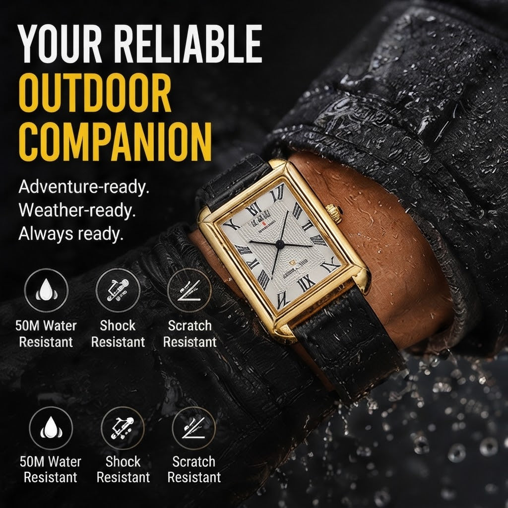Genuine Leather Men Square Watch Strap with Date & Quartz Movement
