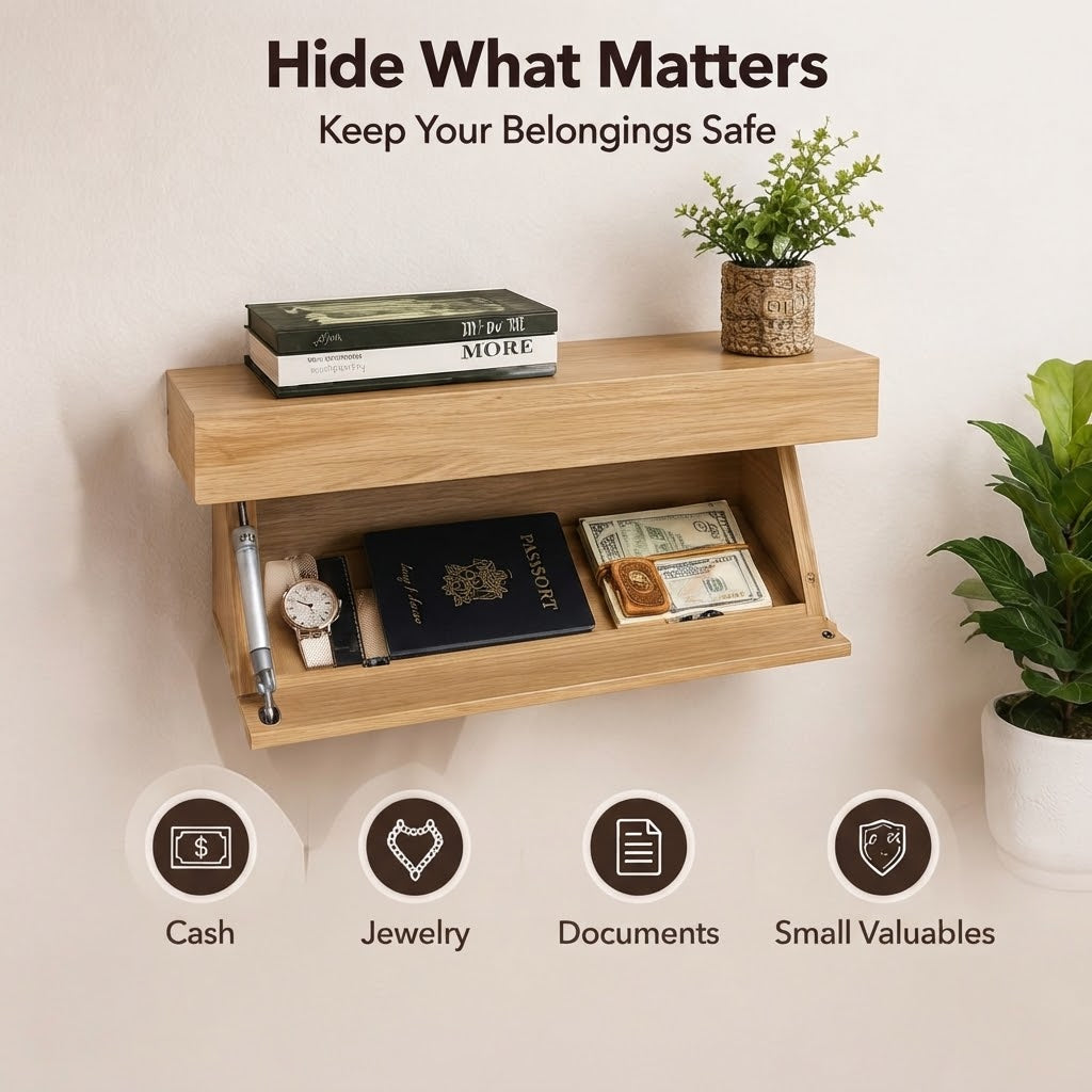 Modern Wooden Floating Wall Shelf – Hidden Storage Rack with Secret Compartment