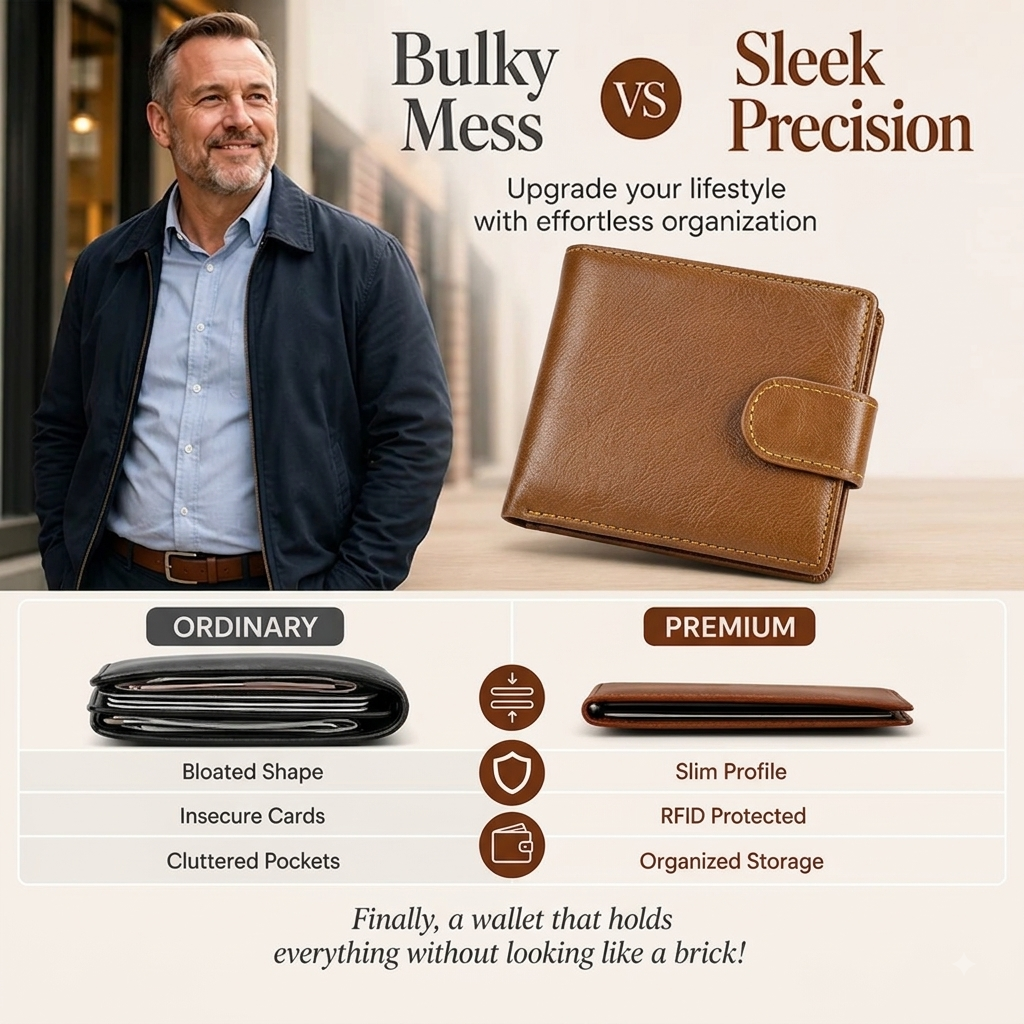 Genuine Leather Men’s Bifold Wallet – Slim Short Wallet with Card Holder & Coin Pocket