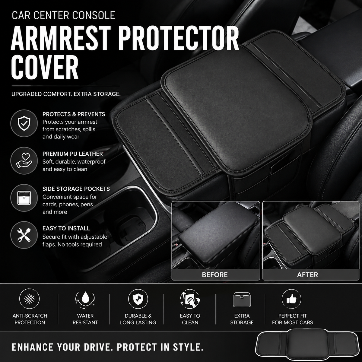 Car Center Console Armrest Cover – PU Leather Cushion with Side Storage Pocket & Protector Mat