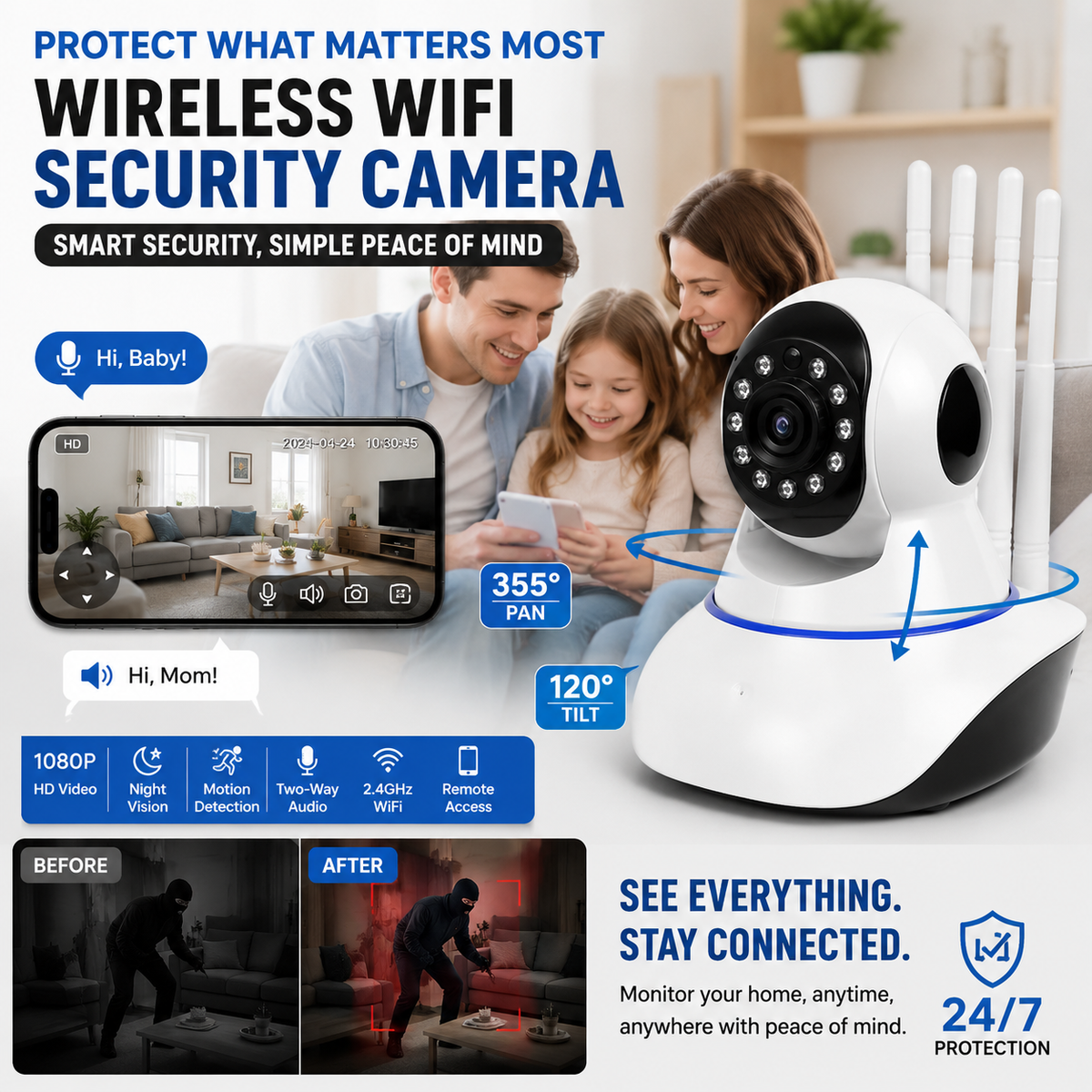 Wireless Security Camera HD Night Vision, Motion Detection