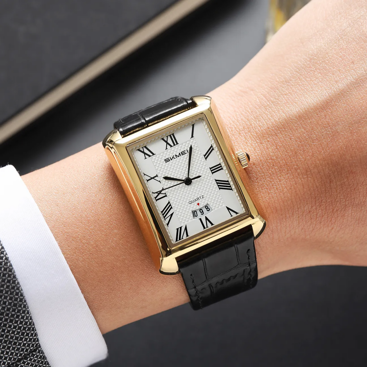 Genuine Leather Men Square Watch Strap with Date & Quartz Movement