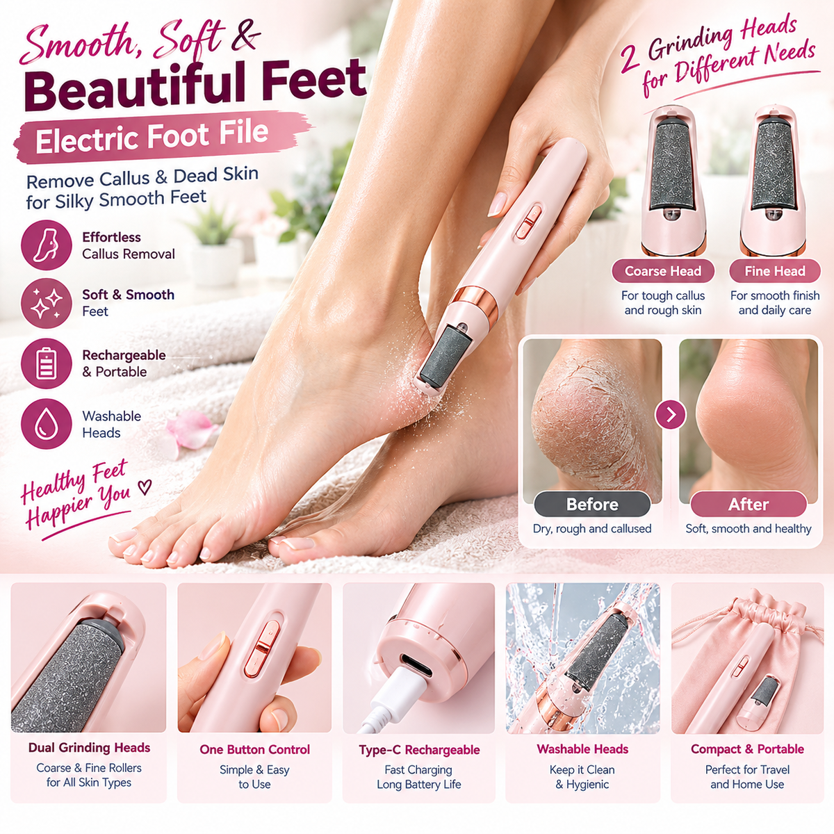 Electric Foot File Callus Remover with Coarse & Fine Grinding Heads