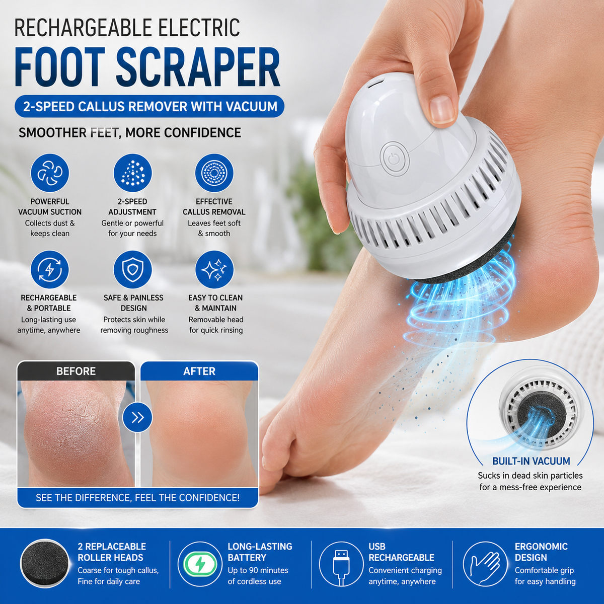Rechargeable Electric Foot Scraper – 2-Speed Callus Remover with Vacuum