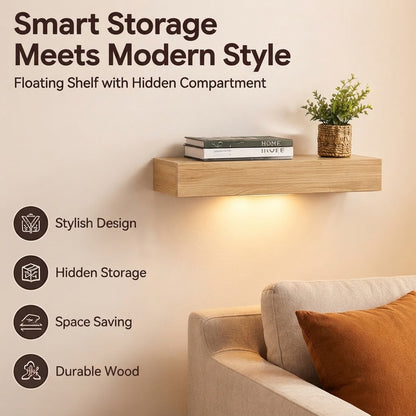 Modern Wooden Floating Wall Shelf – Hidden Storage Rack with Secret Compartment