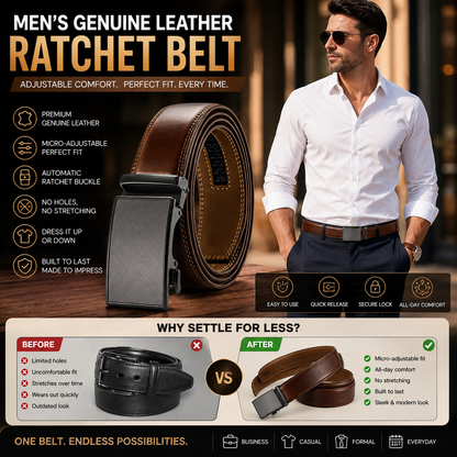 Men's Genuine Leather Ratchet Belt Automatic Buckle for Dress & Jeans