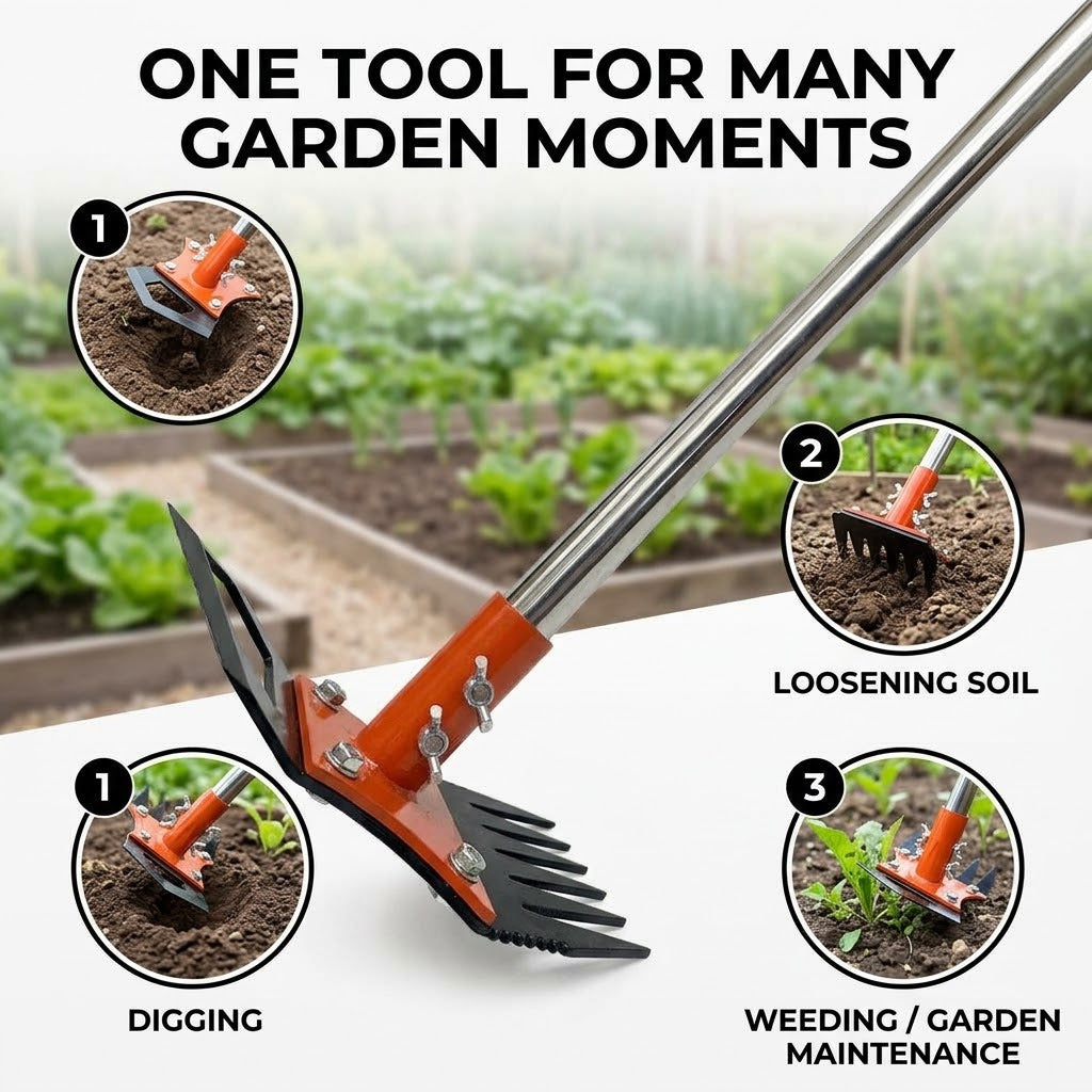High-Carbon Steel Multi-Use Garden Hoe – Rake, Weeding & Spade Hand Tool