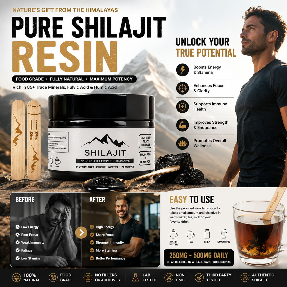 Pure Shilajit Resin Food Grade Fulvic Acid Mineral-Rich Plant Extract