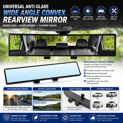 Universal Anti-Glare Convex Rearview Mirror – Wide-Angle Blue Interior Car Auxiliary Mirror
