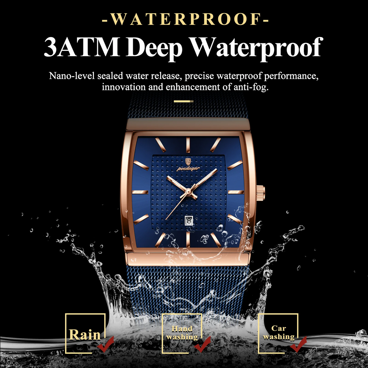 POEDAGAR 885 Luxury Men's Quartz Watch Square Dial Stainless Steel Mesh Strap