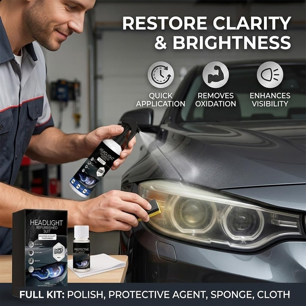 Car Headlight Restoration Kit – Cleaning, Brightening & Renovation Care for Cloudy Lenses