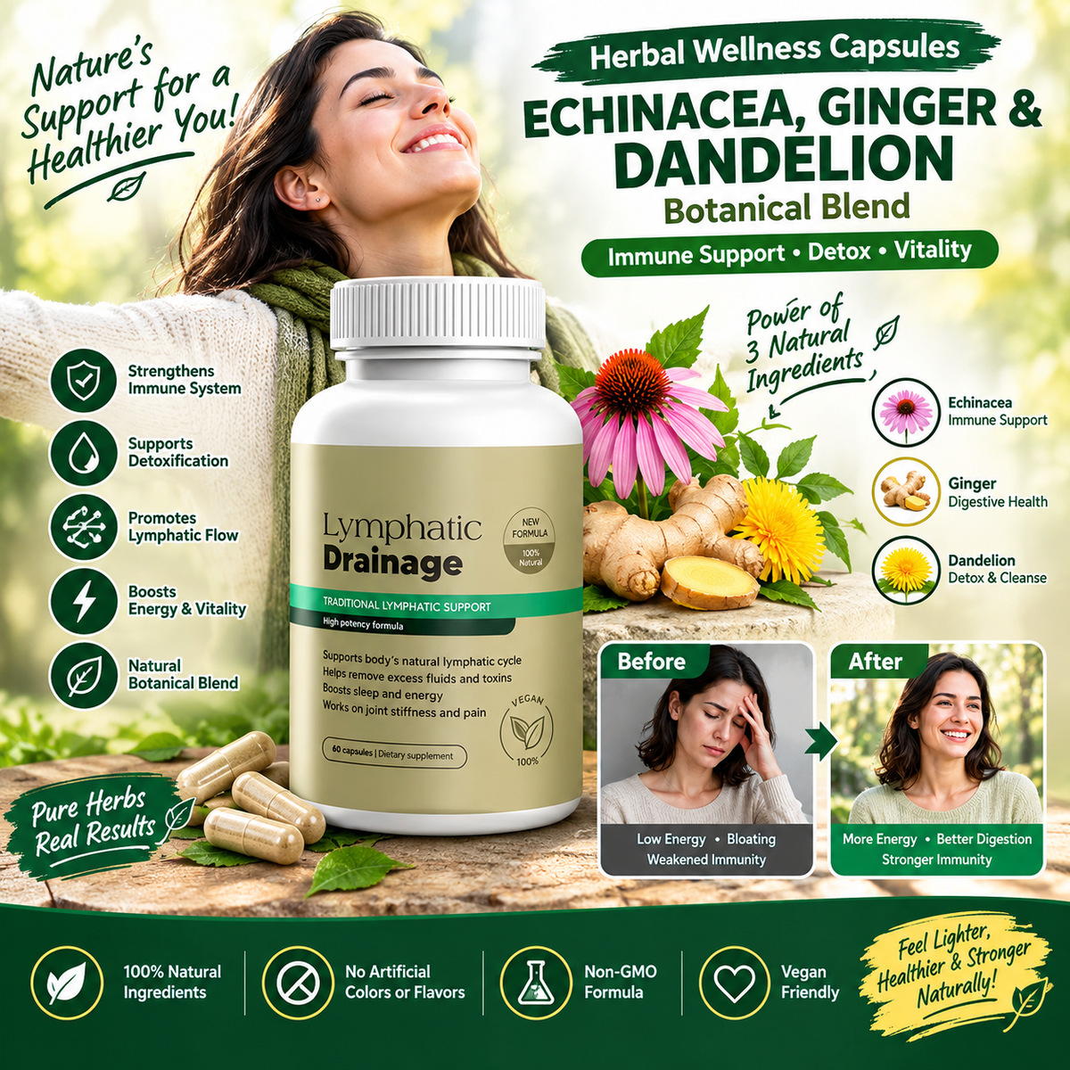 Herbal Wellness Capsules Echinacea, Ginger & Dandelion Botanical Blend
