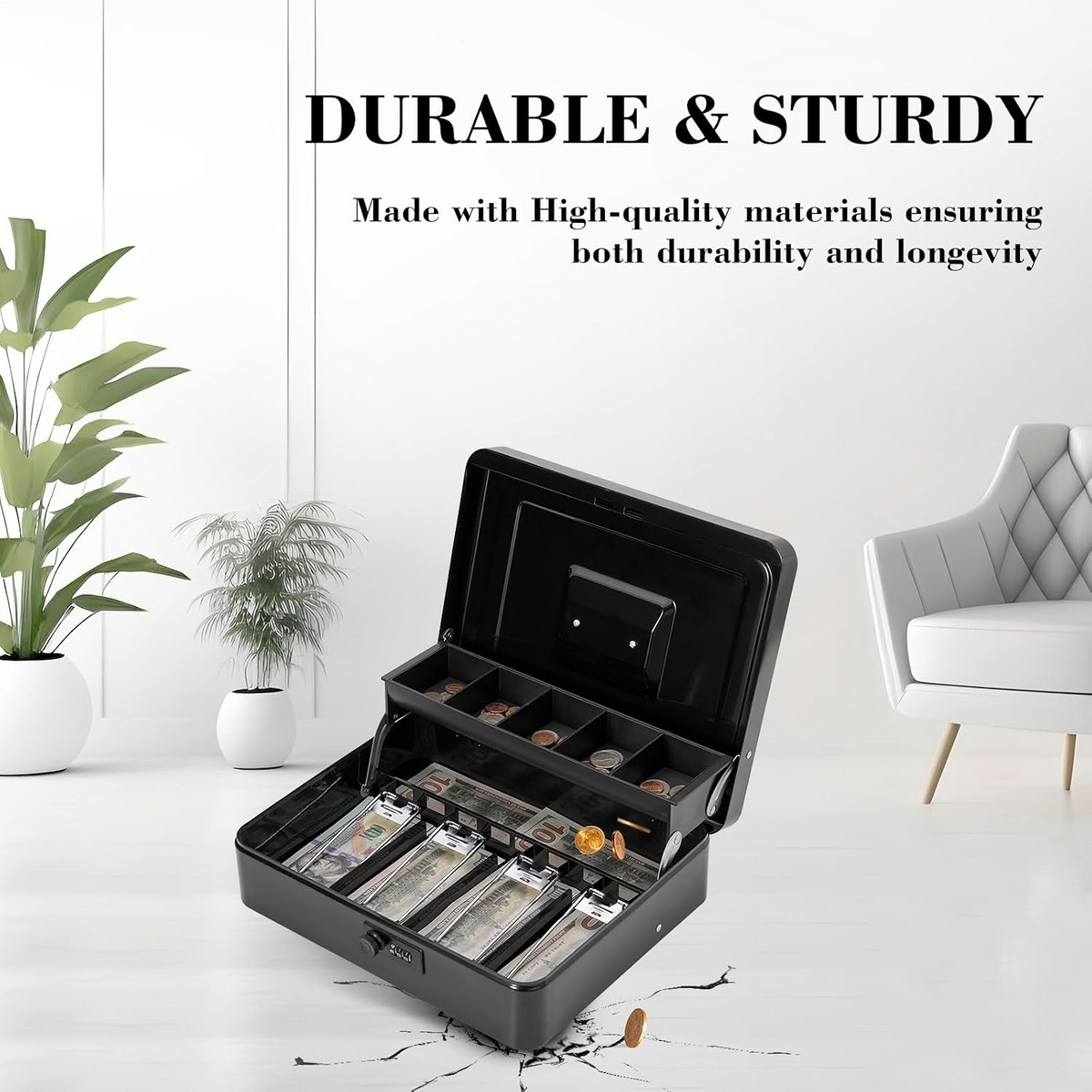 Metal Cash Box with Money Tray – Lockable Money Storage Box with Combination Lock