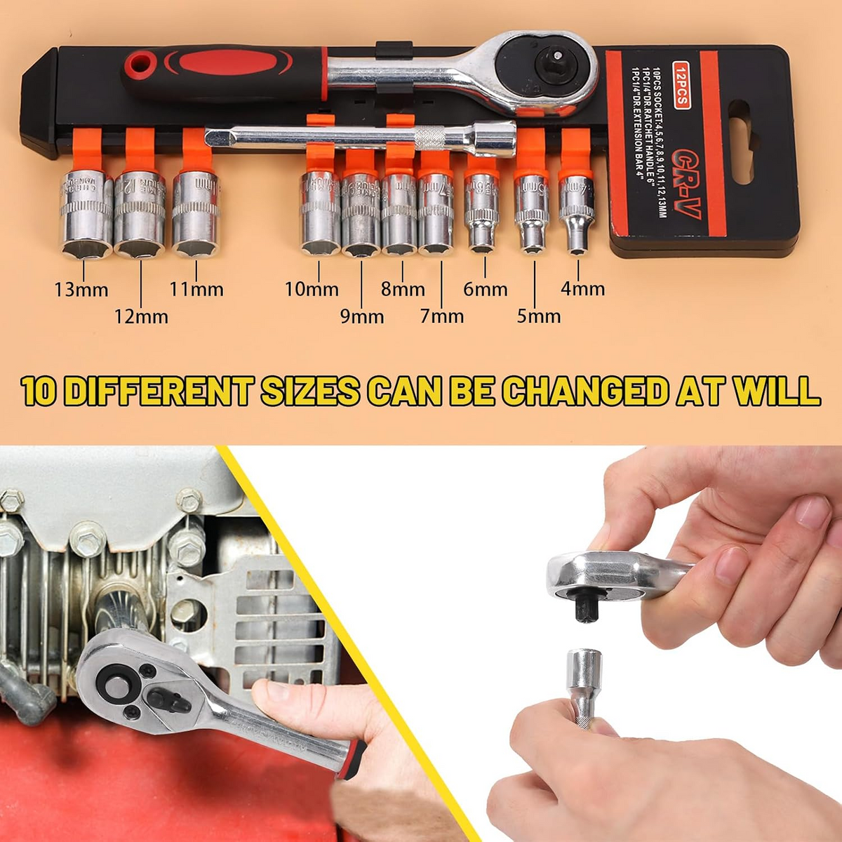12-Piece 1/4" Universal Car Tool Kit – Ratchet, Socket & Combination Wrench Set