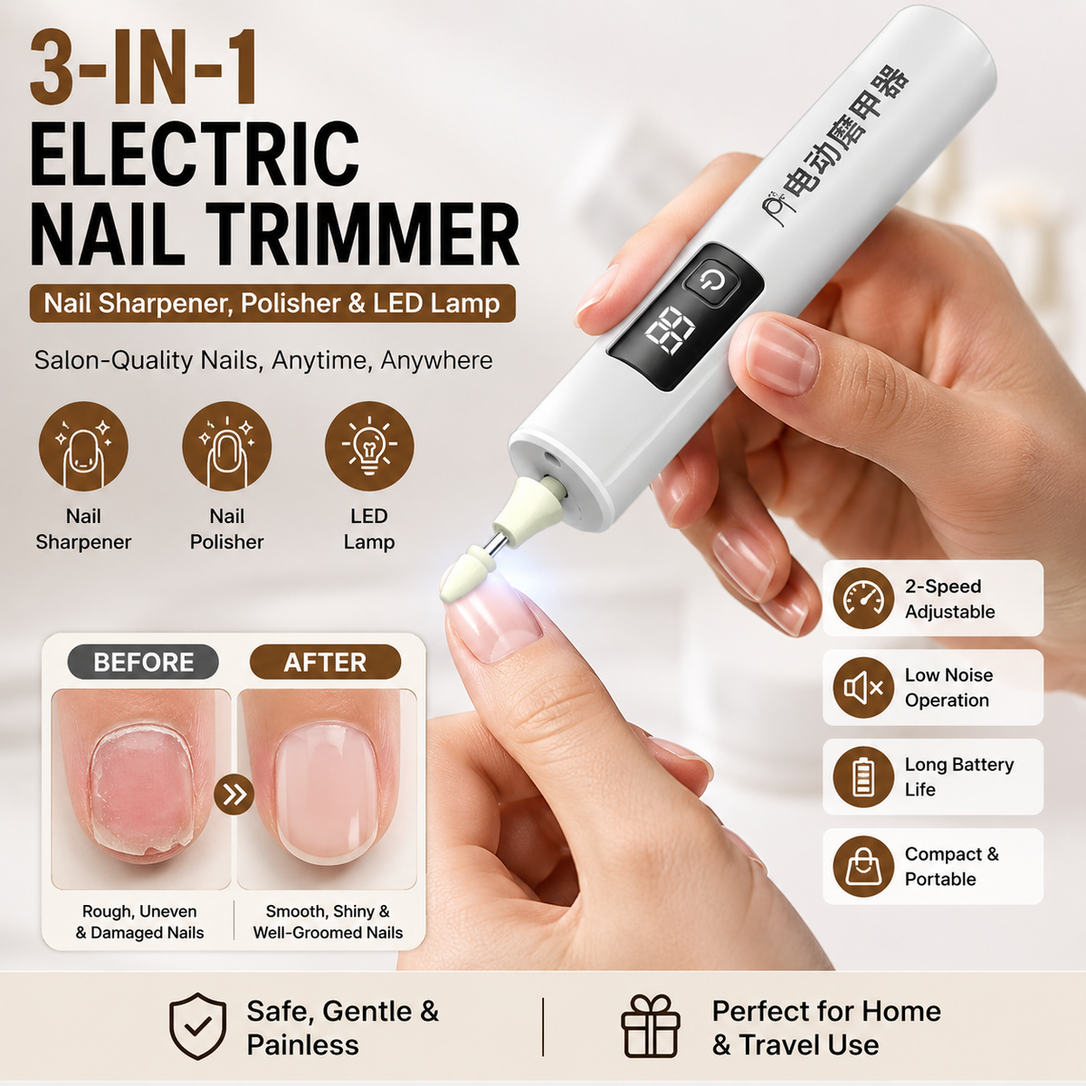 3-in-1 Electric Nail Trimmer – Nail Sharpener, Polisher & LED Lamp