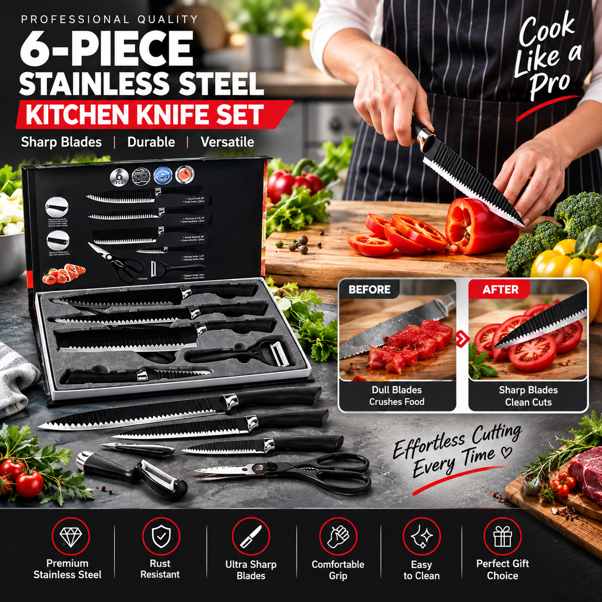 6-Piece Stainless Steel Kitchen Knife Set Sharp Durable Blades