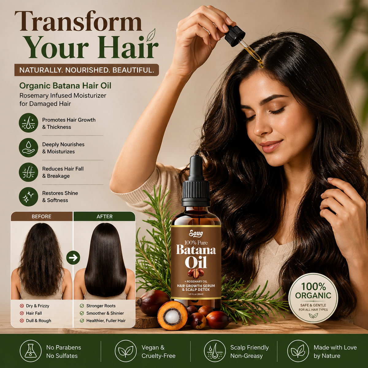 Organic Batana Hair Oil Rosemary Infused Moisturizer for Damaged Hair