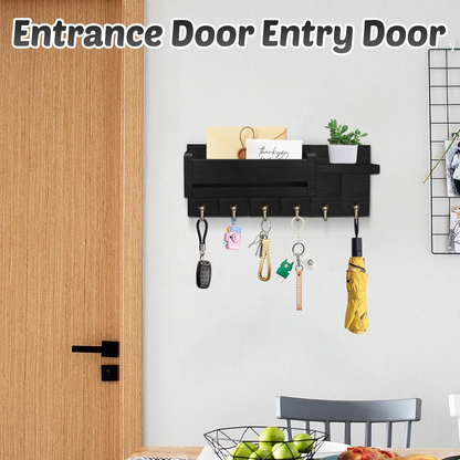 Wooden Key Rack & Mail Organizer Wall-Mounted Key Holder with 6 Hooks