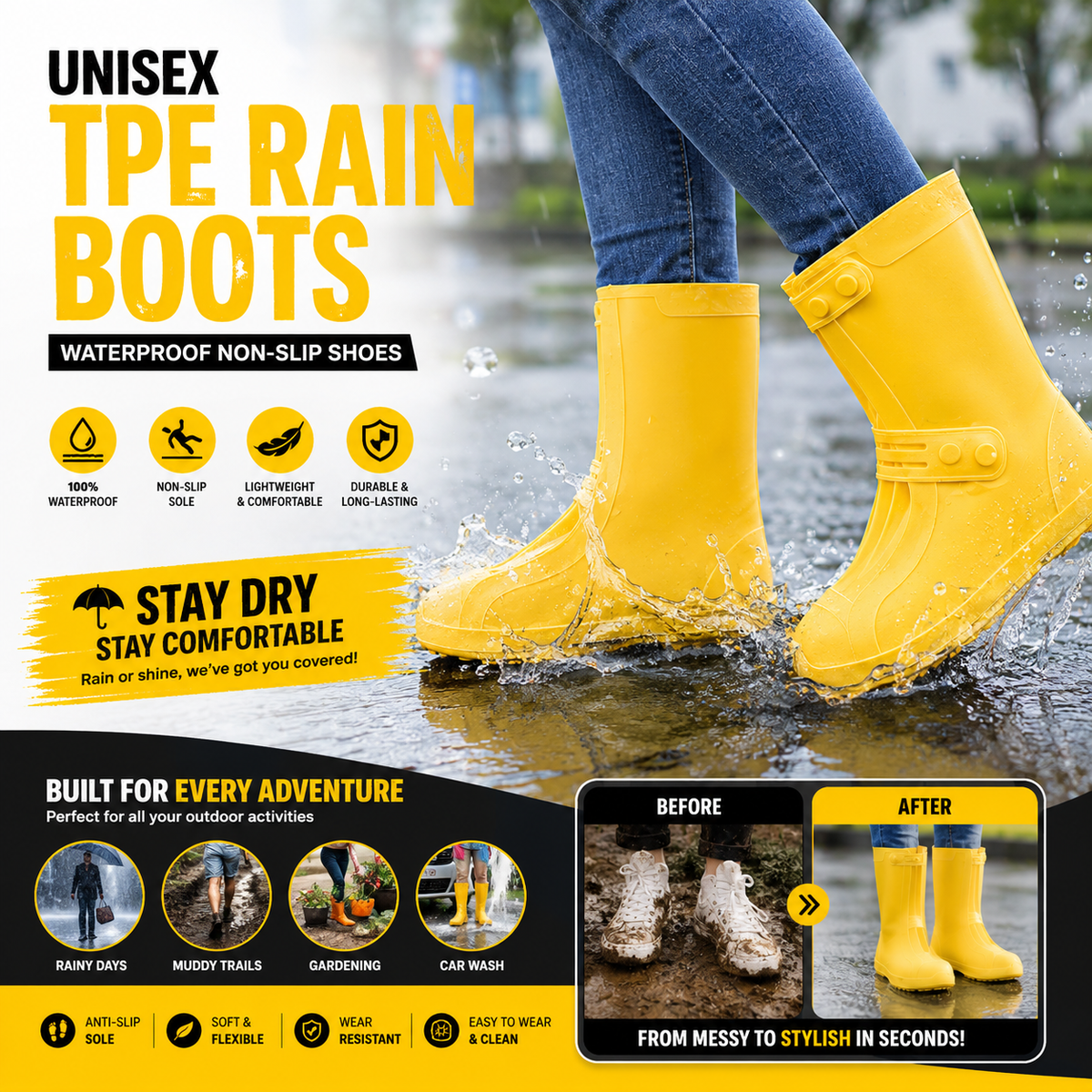 Unisex TPE Rain Boots Waterproof Non-Slip Shoes