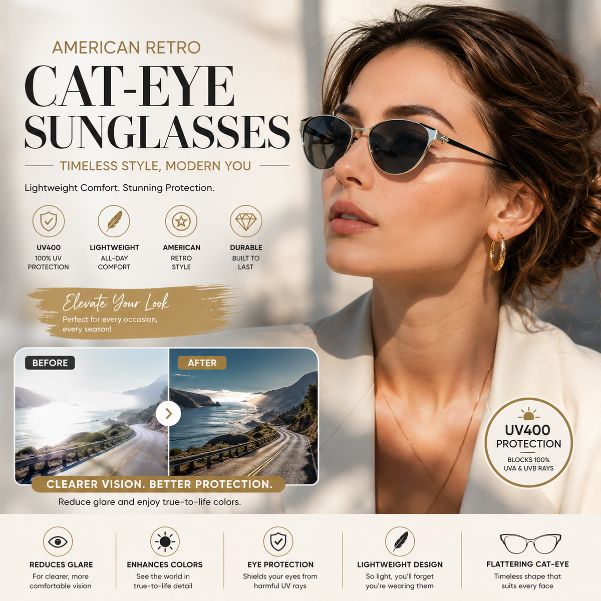 Cat-Eye Sunglasses American Retro Style with UV400 Protection
