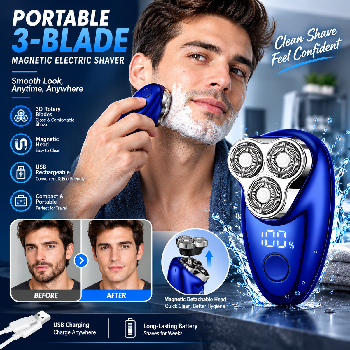 Portable 3-Blade Magnetic Electric Rotary Men's Shaver