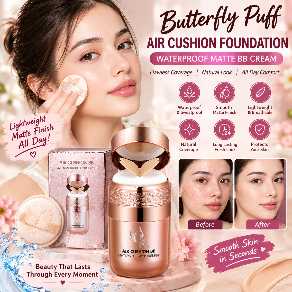 Butterfly Puff Air Cushion Foundation – Waterproof Matte BB Cream