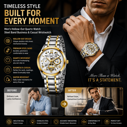 Men's Hollow-Out Steel Band Business & Casual Wristwatch