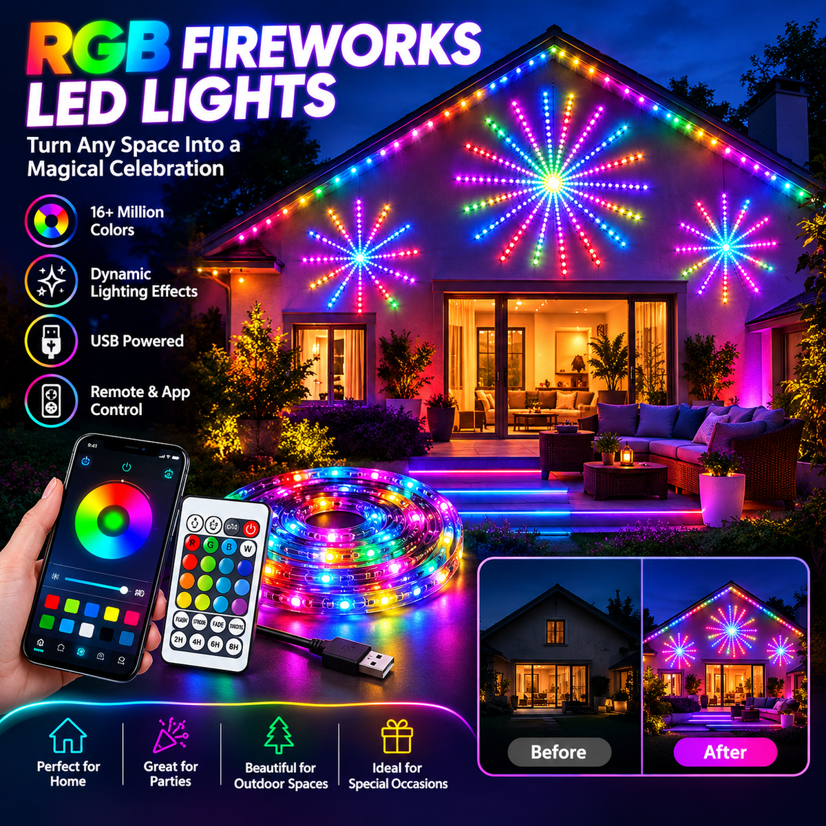 RGB Fireworks LED Lights – USB Remote Control Strip Lights