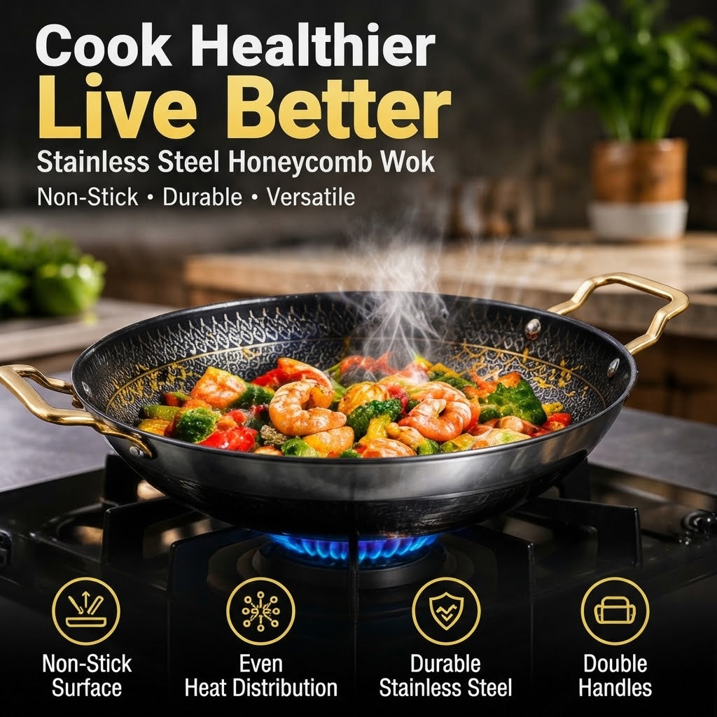 Stainless Steel Honeycomb Wok – Non-Stick Frying Pan with Double Handles